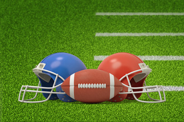 3d rendering of ball for American football in front of two helmets lying on green field.