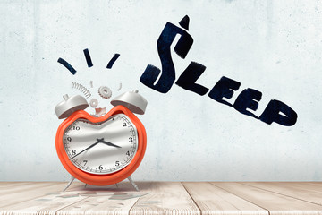 3d rendering of broken alarm clock with black SLEEP sign on white wooden floor and white wall background