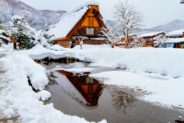 shirakawago village with the Snow falling day Gifu Chubu Japan.