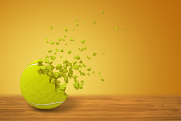 3d rendering of a tennis ball lying on wooden surface and starting to disintegrate on yellow background with much copy space.