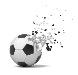 3d close-up rendering of football starting to break into pieces and disappear on white background.