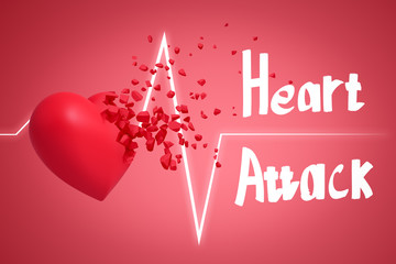 3d rendering of red heart shattering into small pieces with a heart rhythm cardiogram and HEART ATTACK sign on pink background