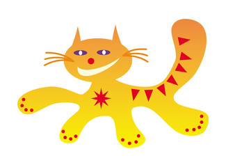 Running cat funny cartoon happy positive, drawing in red, orange and yellow colors. Vector graphics.