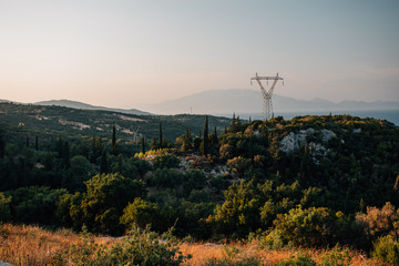 Overhead powerline on Greek Island