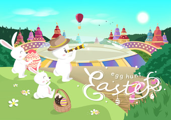Easter, egg hunt poster, rabbit cartoon, fairy tale concept celebration seasonal holiday vector illustration
