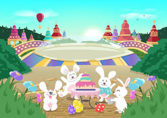 Easter Birthday, celebration party seasonal holiday poster, cute cartoon rabbit, fairy tale fantasy background vector illustration