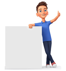 Character cartoon guy leaned against a blank board and shows thumb up. 3d rendering. Illustration for advertising.