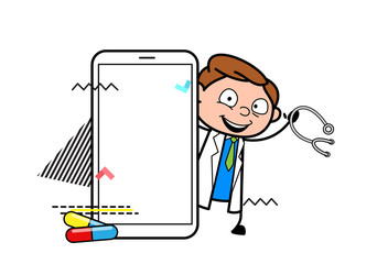 Cartoon Young Physician Doctor with Smartphone Vector Illustration