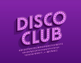 Vector vintage style banner Disco Club with electric lamp. Glowing violet Font. Illuminated light bulbs Alphabet Letters, Numbers and Symbols.