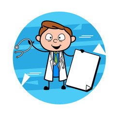 Happy Cartoon Doctor Holding a Paper Banner Vector