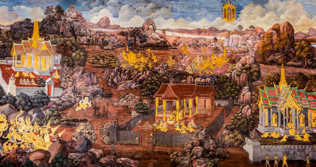 Fototapeta premium The mural paintings which depict the story of the Ramakien at the surroundings wall of Wat Phra Kaew It's so beautiful This place is located in the Grand Palace, Bangkok, Thailand March 17, 2019