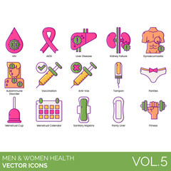 Men and women health icons including HIV, AIDS, liver disease, kidney failure, gynaecomastia, autoimmune disorder, vaccination, anti-vax, tampon, panties, menstrual cup, calendar, sanitary napkin.