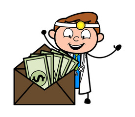 Obraz na płótnie Canvas Happy Cartoon Doctor with Dollars in Envelope Vector