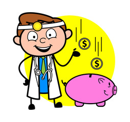 Cartoon Doctor with Piggy Bank - Saving Concept Vector Illustration