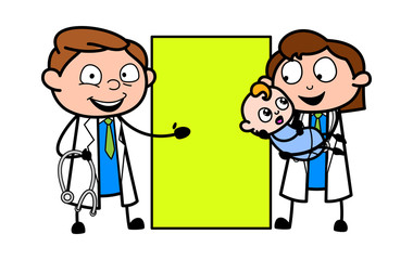 Cartoon Doctors with baby and Banner Vector Illustration