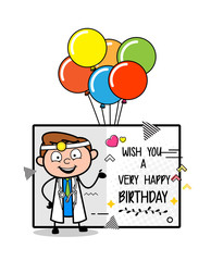 Happy Doctor Presenting Birthday Greeting Banner Vector