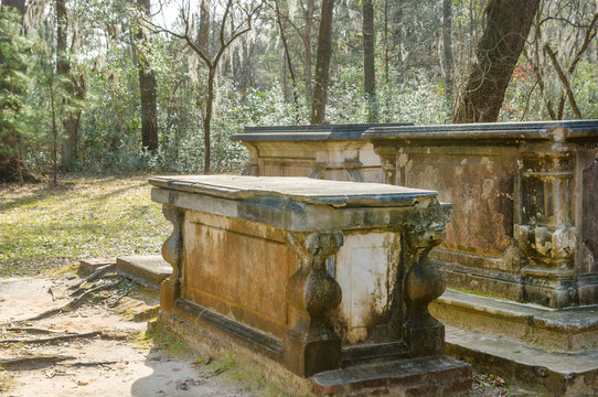 Sarcophagus from Civil War times by the ruins of Old Sheldon church in South Carolina forest