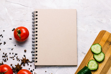 Fresh farm vegetables, cutting board with copy space. Tomatoes,Spices, Cucumber. cooking scene