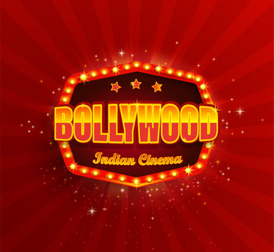 Bollywood Indian Cinema Film Banner,poster with retro light frame.Movie glowing Logo,symbol for your Design in retro vintage style.Template board with bulbs on red background.Bright signboard,lightbox