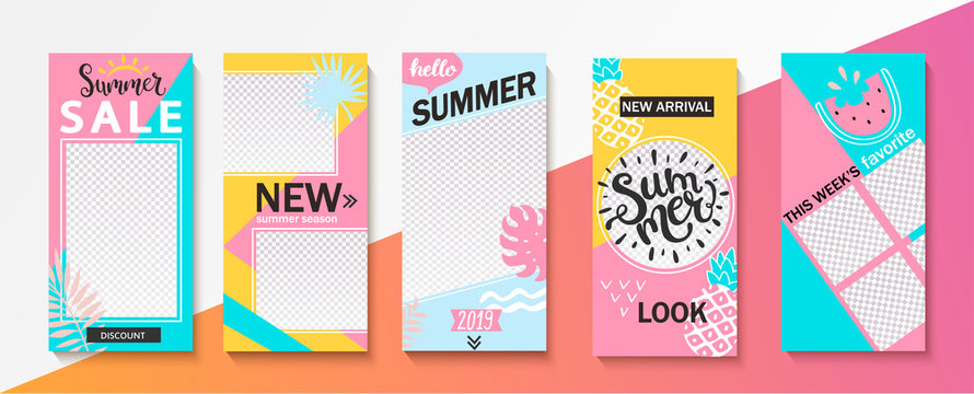 Set ot summer insta templates for stories, sales and news. Backgrounds for your design, for social media landing page, website, mobile app and poster, flyer, coupon, gift card. Vector illustration.