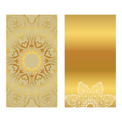Invitation Or Card Template With Floral Mandala Pattern. For Wedding, Greeting Cards, Birthday Invitation. The Front And Rear Side. Vector Illustration. Gold color