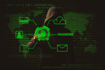 Faceless man in a hood touches on a hologram with an open lock and access personal data, credit card, e-mail, etc. The concept of hacking and stealing data