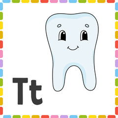 Funny alphabet. ABC flash cards. Cartoon cute character isolated on white background. For kids education. Learning letters. Vector illustration.