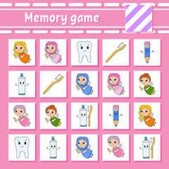 Memory game for kids. Education developing worksheet. Activity page with pictures. Puzzle game for children. Logical thinking training. Isolated vector illustration. Funny character. Cartoon style.