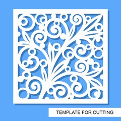 Square decorative panel with lace ornament. White object on a blue background. Template for laser cutting, wood carving, paper cut or printing. Vector illustration.