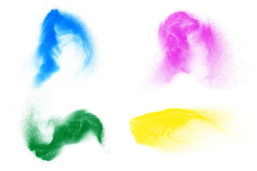 Set of variant color powder explosion on white background.Colorful dust explode. Painted Holi festival.