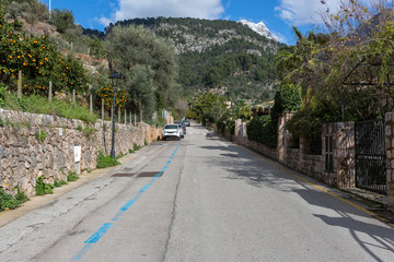 Typische mediterrane Straße, begrenzt durch Orangen Haine, läuft in der Ferne auf einen Berg zu