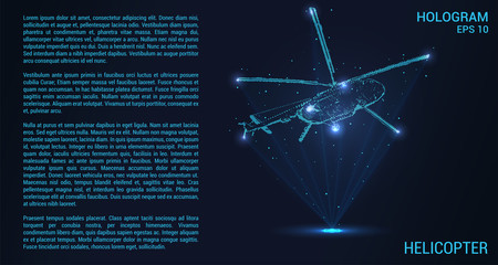 Helicopter hologram. Digital and technological background of the helicopter. The helicopter consists of rays of light. © newrossosh