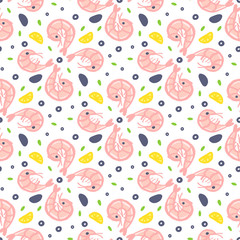 Pattern with shrimps, mussels, lemon, olives. Excellent design for packaging, wrapping paper, textile, menu, card, banner and etc.