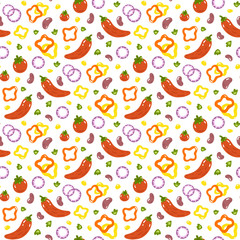 Pattern with chili peppers, tomatoes, beans, sweet peppers, onions, corn, greens. Excellent design for packaging, wrapping paper, menu, kitchen textiles etc.