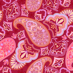 Seamless colorful pattern with paisley. Traditional bright ethnic ornament. Vector print. Use for wallpaper, pattern fills,textile design.