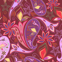 Seamless colorful pattern with paisley and butterflies. Traditional bright ethnic ornament. Vector print. Use for wallpaper, pattern fills,textile design.