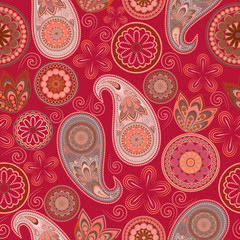 Seamless colorful pattern with paisley. Traditional bright ethnic ornament. Vector print. Use for wallpaper, pattern fills,textile design.