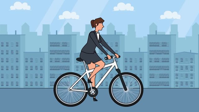 Flat cartoon businesswoman character cyclist riding a white bicycle animation