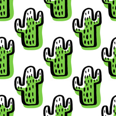 Abstract seamless pattern with green cactus. Hand drawing of black ink on a white background. Vector Image.