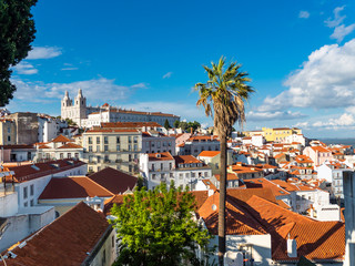 View from the Miradouro Santa Luzia to the old town of Lisbon, behind the monastery church São Vincente de Fora, district Alfama, Lisbon, Portugal,