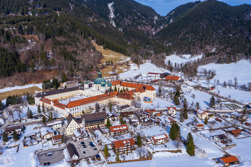 Aerial view, Benedictine abbey Ettal monastery in winter, Ettal, Oberammergau, Garmisch-Partenkirchen region, Bavaria, Germany, July 2019