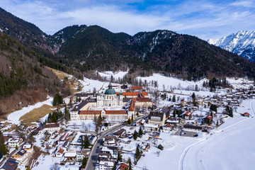 Aerial view, Benedictine abbey Ettal monastery in winter, Ettal, Oberammergau, Garmisch-Partenkirchen region, Bavaria, Germany, July 2019 - obrazy, fototapety, plakaty