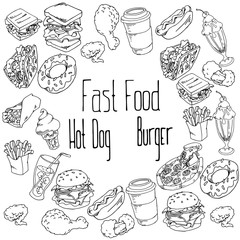 Set of cartoon fast food. Vector illustration,  isolated on white.
