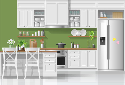Interior background with kitchen in modern rustic style , vector , illustration