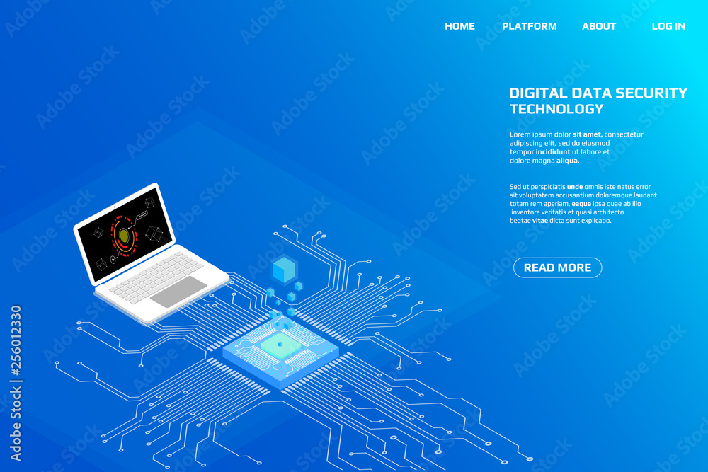 Leinwandbilder Digital Isometric CPU Microprocessor UI Security Storage System Data Access Protection Gadgets.Abstract Scifi Authentication Futuristic Circuit Board Panel Element Illustration Background.