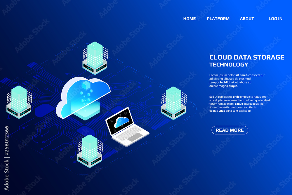 Leinwandbilder Cloud Storage Big Data Isometric Transfer Processing Center Concept. Abstract Futuristic Element Digital Information Design Technology Illustration.