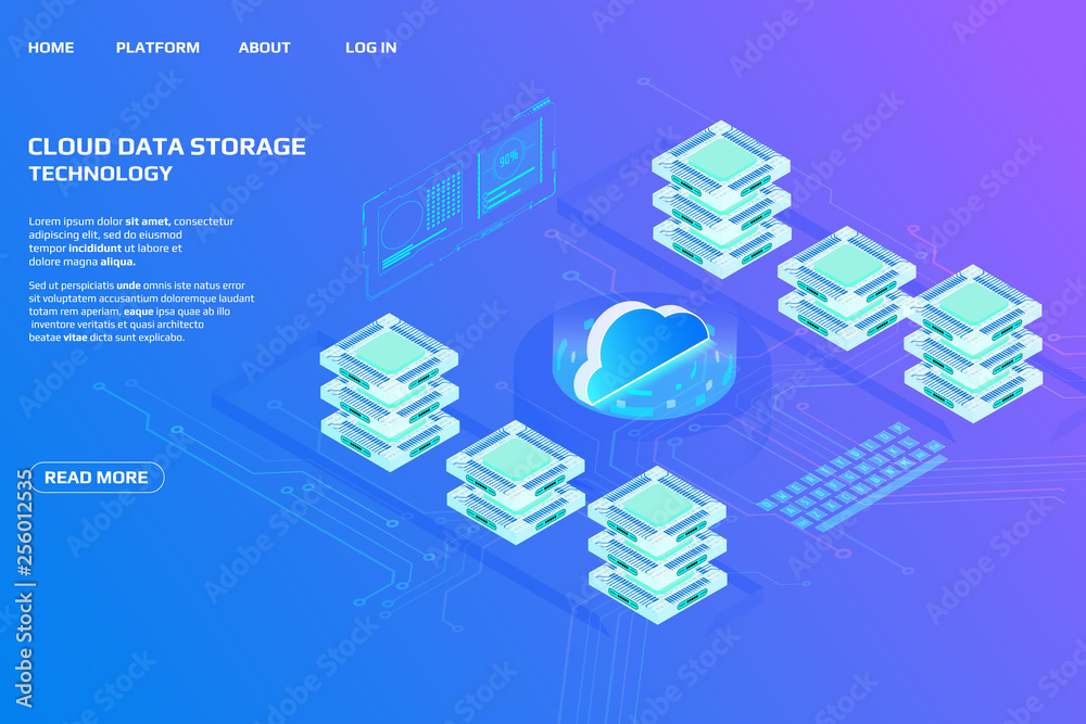 Leinwandbilder Cloud Storage Big Data Isometric Transfer Processing Center Concept. Abstract HUD UI Futuristic Screen Element Digital Information Design Technology Illustration.