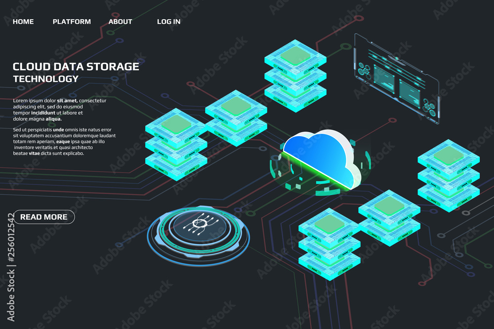 Leinwandbilder cloud storage big data isometric transfer processing center concept. abstract hud ui futuristic scre