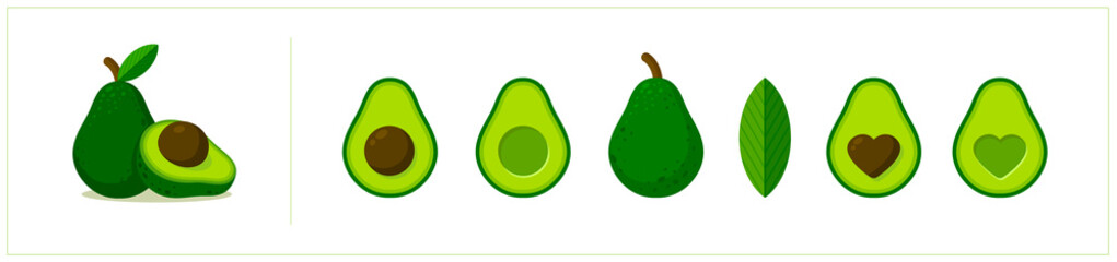 Vector avocado flat icons set. Cartoon design. Whole, half, sliced. Avocado with heart shape seed and with circle shaped seed isolated on white background. Fresh and exotic fruit. Food illustration