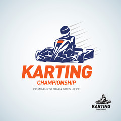Karting Club Racing Competition Black And White Logo Design Template With Rider In Kart Silhouett. Kart racing winner, logo illustration on a white background - obrazy, fototapety, plakaty